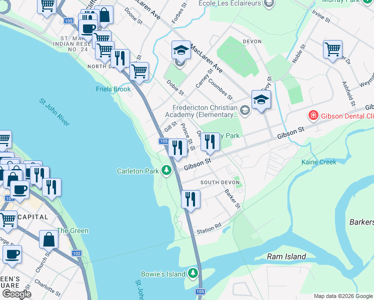 map of restaurants, bars, coffee shops, grocery stores, and more near Henry Street in Fredericton