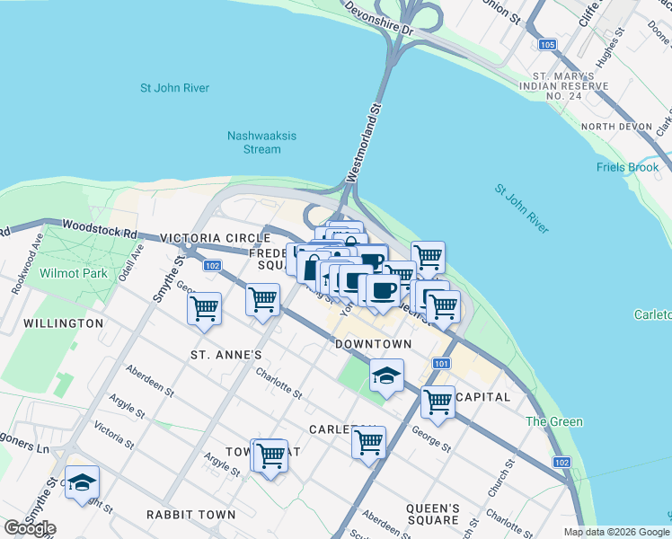 map of restaurants, bars, coffee shops, grocery stores, and more near 339 King Street in Fredericton