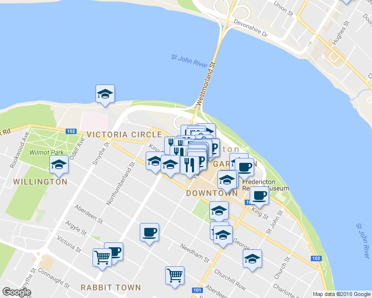 map of restaurants, bars, coffee shops, grocery stores, and more near 339 King Street in Fredericton