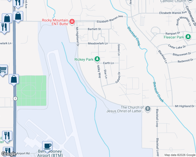 map of restaurants, bars, coffee shops, grocery stores, and more near 119 Milky Way in Butte
