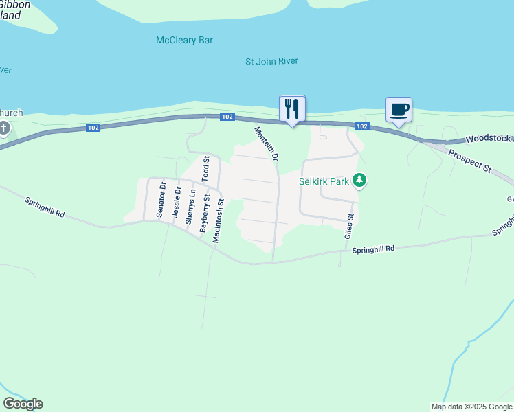map of restaurants, bars, coffee shops, grocery stores, and more near 28 Lily Street in Fredericton