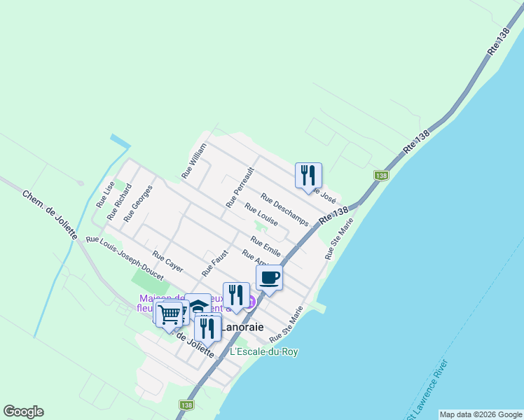 map of restaurants, bars, coffee shops, grocery stores, and more near 53 Rue Louise in Lanoraie
