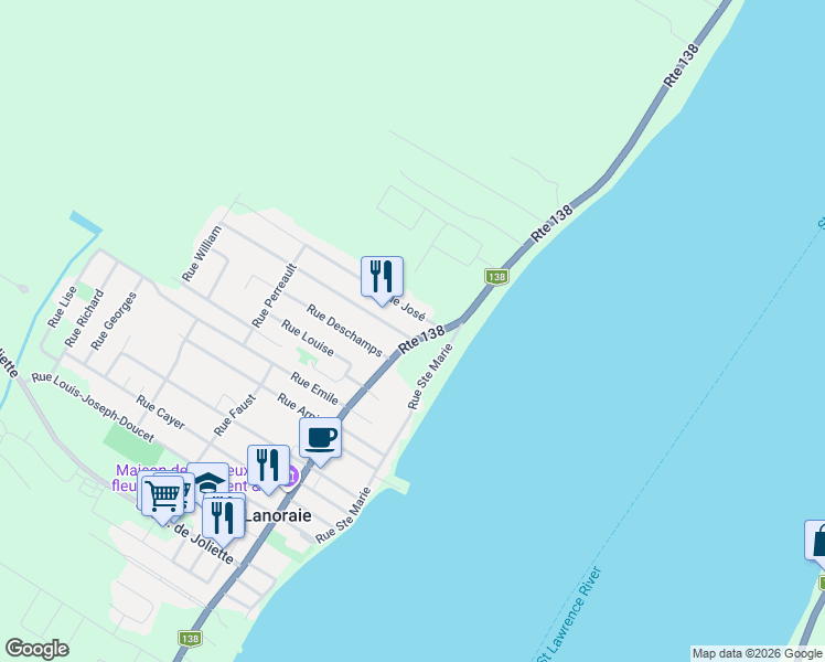 map of restaurants, bars, coffee shops, grocery stores, and more near 21 Rue Rondeau in Lanoraie