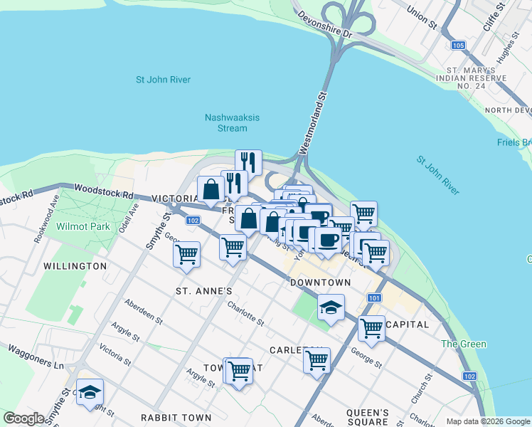 map of restaurants, bars, coffee shops, grocery stores, and more near 77 Westmorland Street in Fredericton