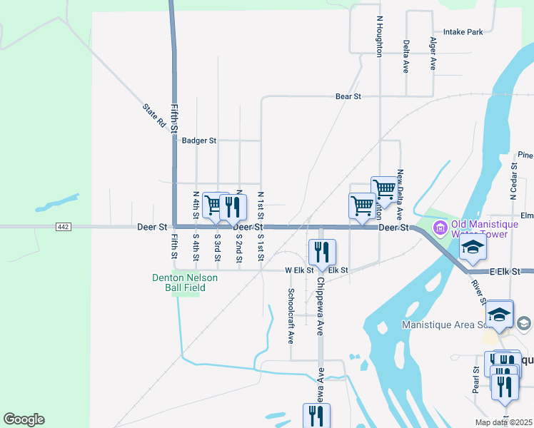 map of restaurants, bars, coffee shops, grocery stores, and more near 100-108 H Street in Manistique