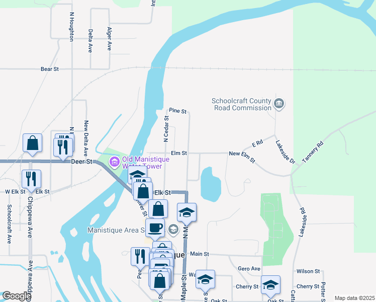 map of restaurants, bars, coffee shops, grocery stores, and more near 401 North Maple Street in Manistique