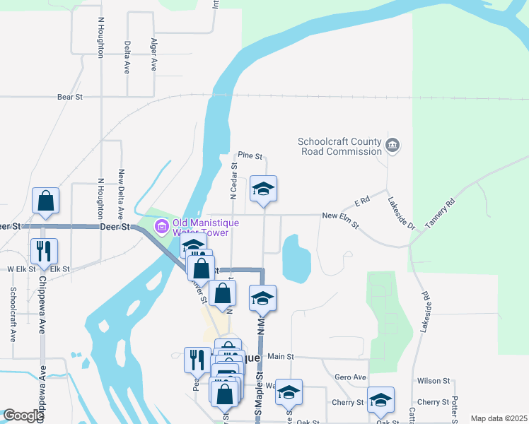 map of restaurants, bars, coffee shops, grocery stores, and more near 401 North Maple Street in Manistique