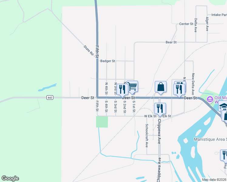 map of restaurants, bars, coffee shops, grocery stores, and more near 100-198 North 3rd Street in Manistique