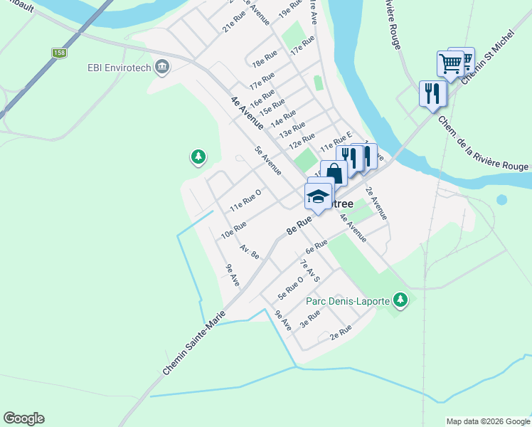 map of restaurants, bars, coffee shops, grocery stores, and more near 215 10e Rue in Crabtree