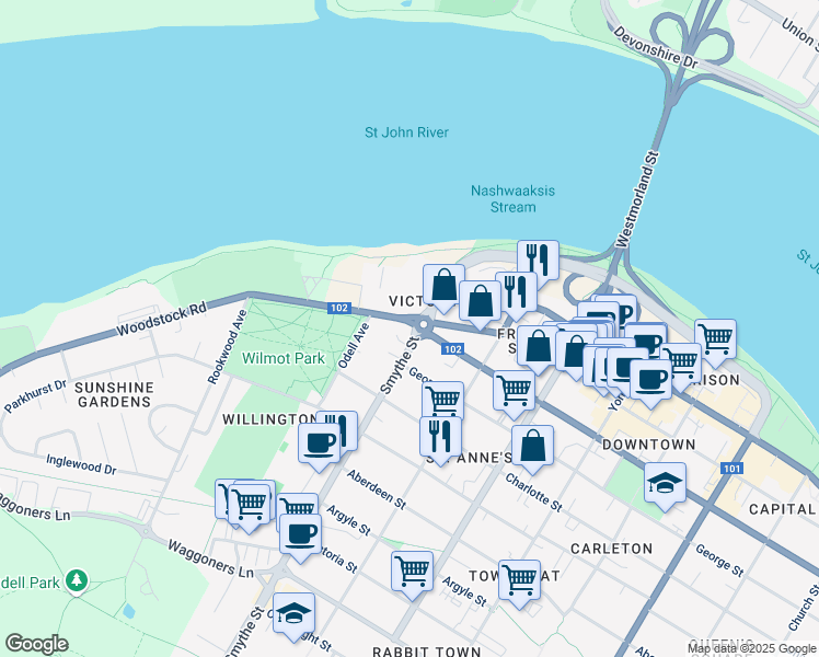 map of restaurants, bars, coffee shops, grocery stores, and more near 155 Smythe Street in Fredericton