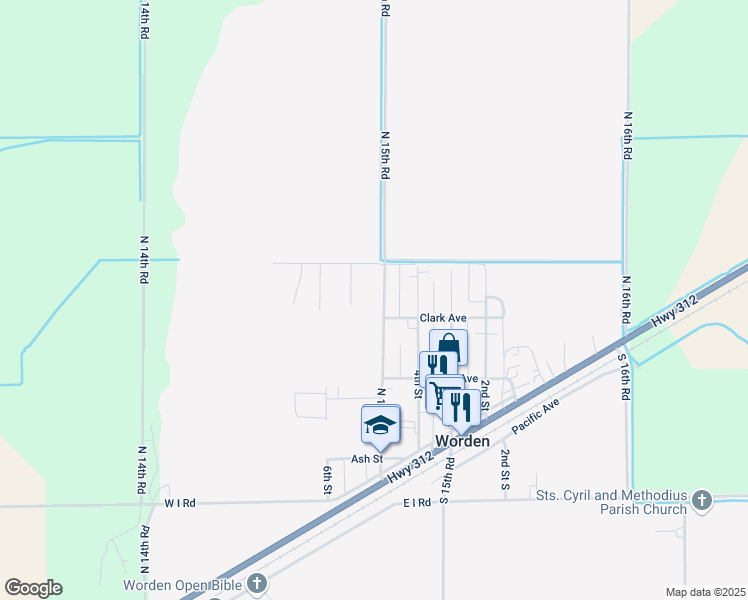 map of restaurants, bars, coffee shops, grocery stores, and more near 2480 North 15th Road in Worden