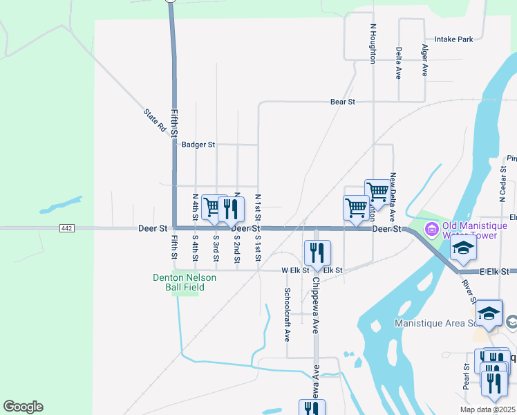 map of restaurants, bars, coffee shops, grocery stores, and more near 100 H Street in Manistique