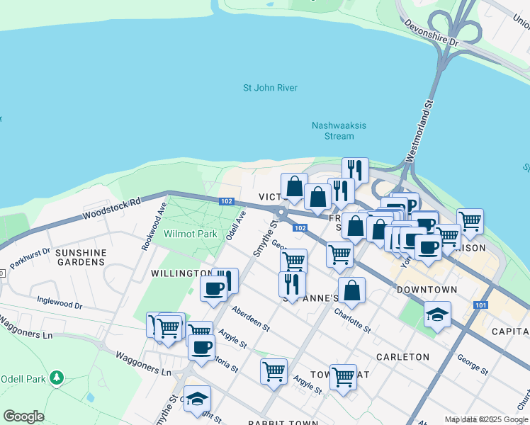 map of restaurants, bars, coffee shops, grocery stores, and more near 65 Brunswick Street in Fredericton