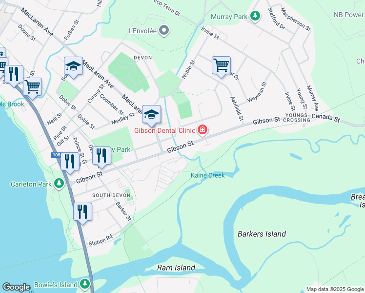 map of restaurants, bars, coffee shops, grocery stores, and more near Gibson Street in Fredericton