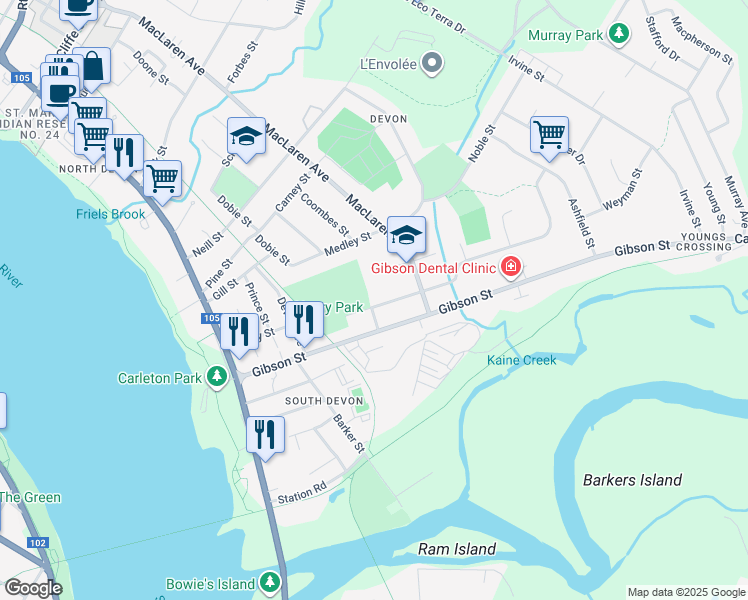 map of restaurants, bars, coffee shops, grocery stores, and more near 245 Sewell Street in Fredericton