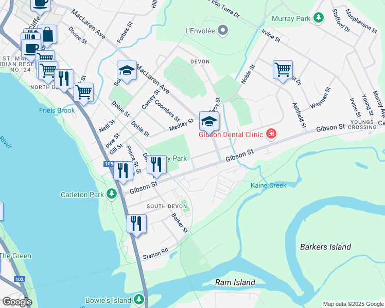 map of restaurants, bars, coffee shops, grocery stores, and more near 245 Sewell Street in Fredericton