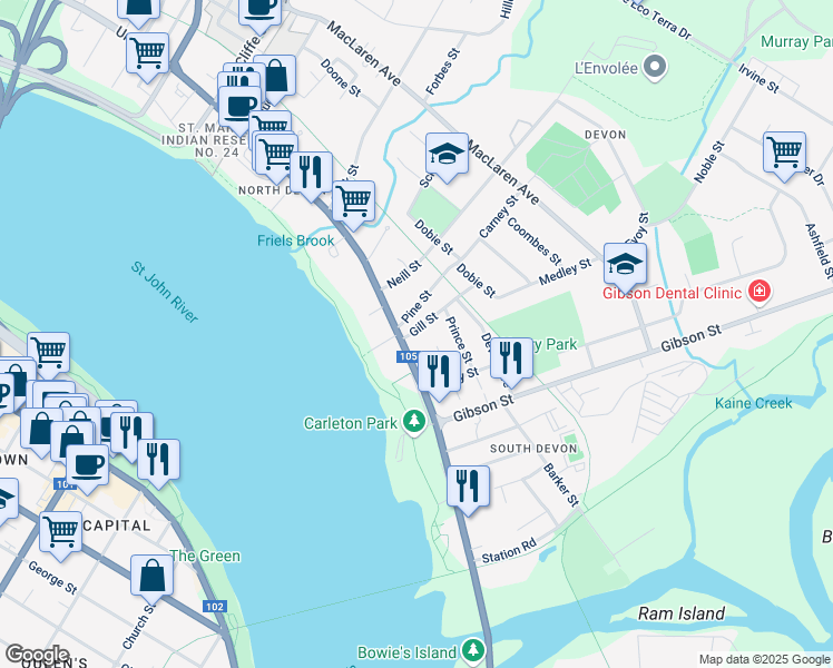 map of restaurants, bars, coffee shops, grocery stores, and more near 138 Gill Street in Fredericton