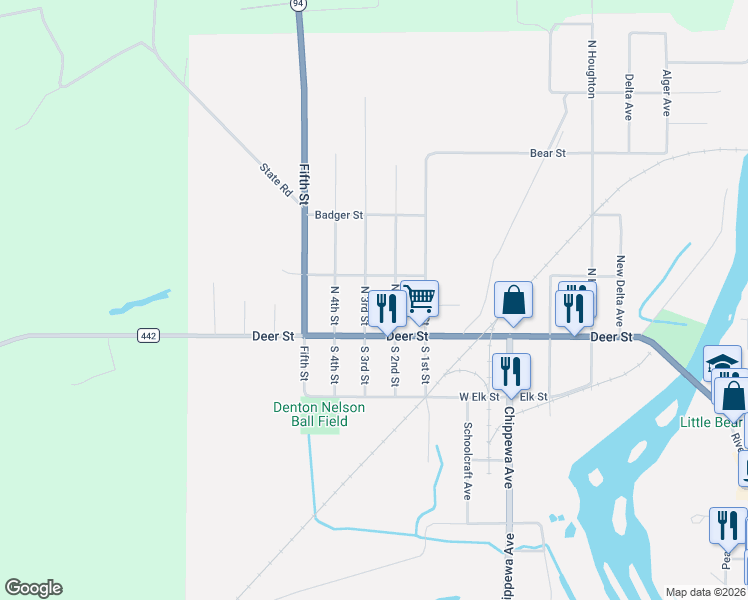 map of restaurants, bars, coffee shops, grocery stores, and more near 100-198 North 3rd Street in Manistique