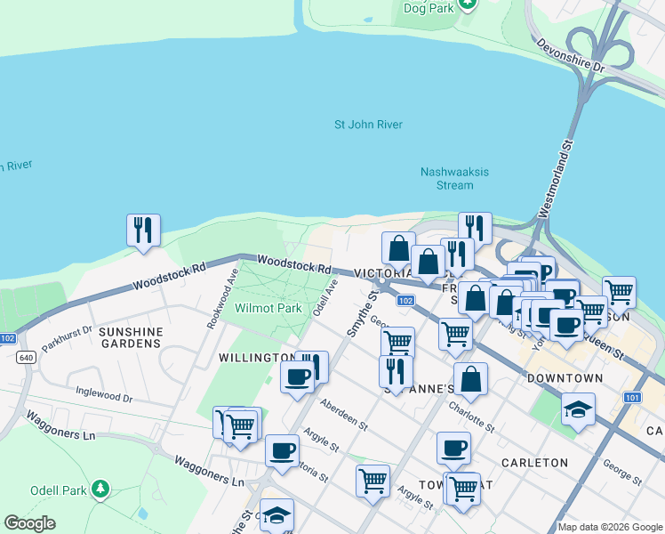 map of restaurants, bars, coffee shops, grocery stores, and more near 15 Woodstock Road in Fredericton