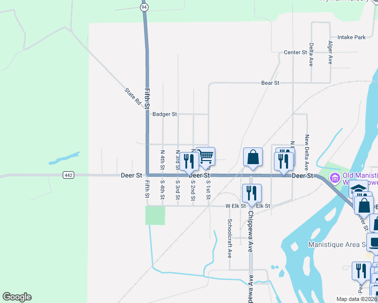 map of restaurants, bars, coffee shops, grocery stores, and more near 100-198 North 3rd Street in Manistique