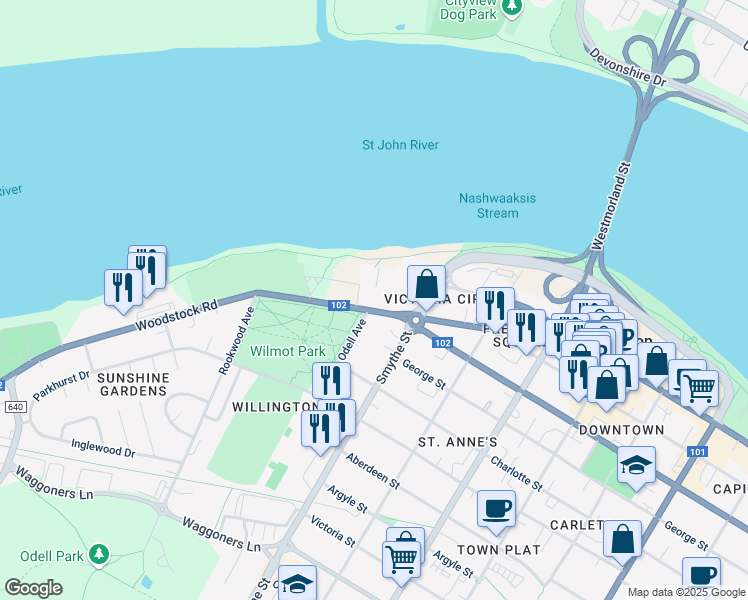 map of restaurants, bars, coffee shops, grocery stores, and more near 65 Brunswick Street in Fredericton