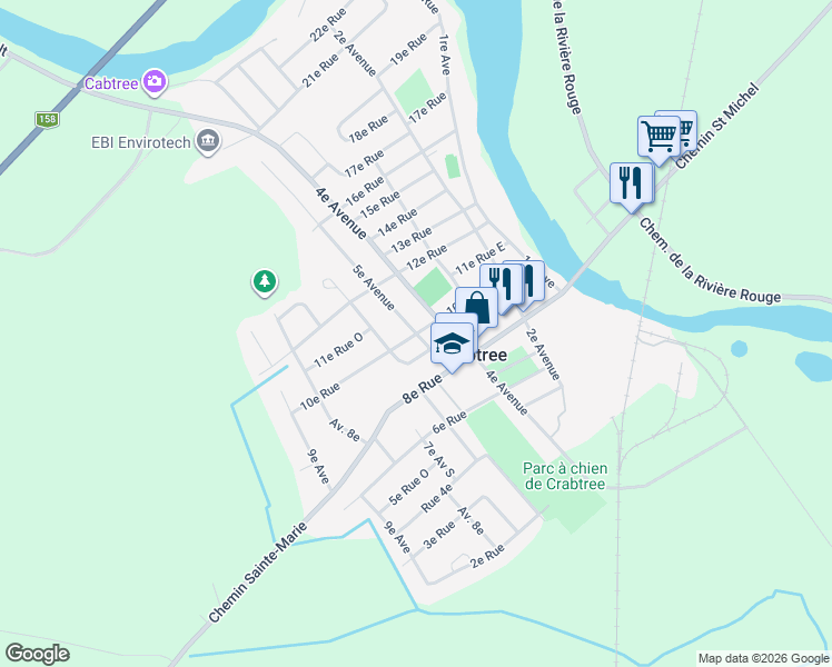 map of restaurants, bars, coffee shops, grocery stores, and more near 10e Rue in Crabtree