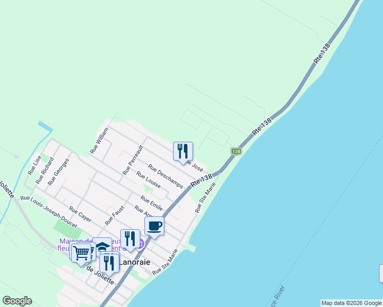 map of restaurants, bars, coffee shops, grocery stores, and more near in Lanoraie