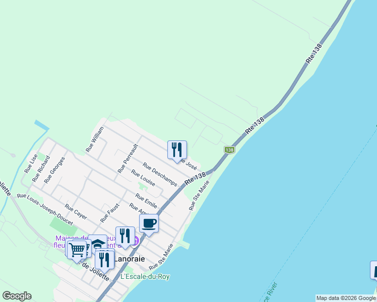 map of restaurants, bars, coffee shops, grocery stores, and more near in Lanoraie