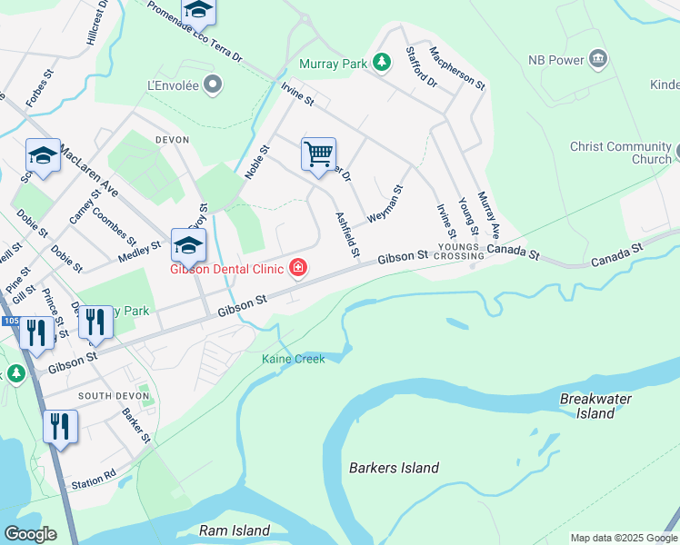 map of restaurants, bars, coffee shops, grocery stores, and more near Gibson Street in Fredericton