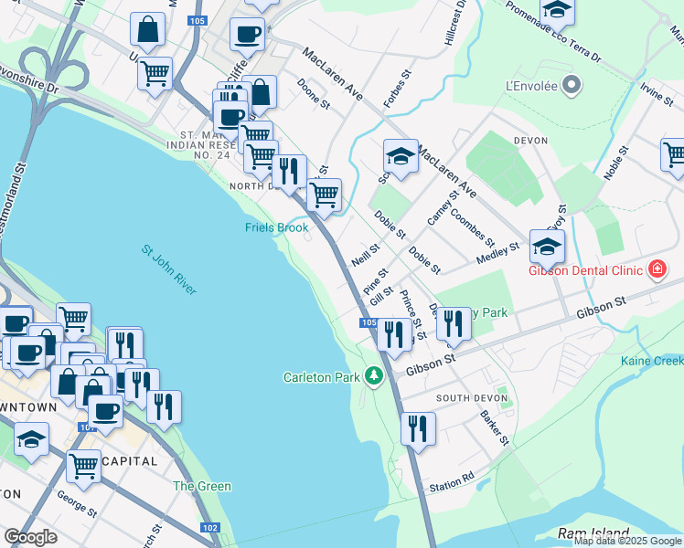 map of restaurants, bars, coffee shops, grocery stores, and more near 133 Neill Street in Fredericton