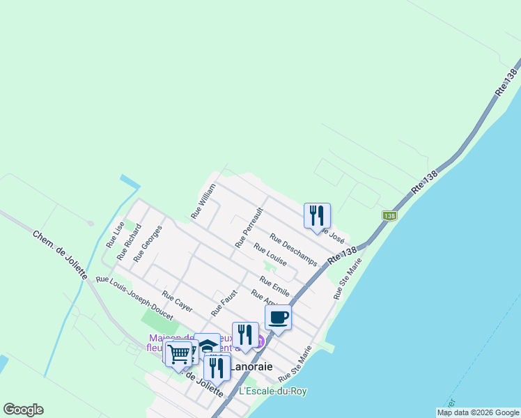 map of restaurants, bars, coffee shops, grocery stores, and more near 73 Rue Rondeau in Lanoraie