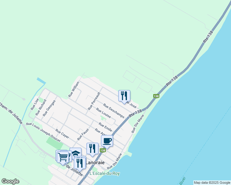 map of restaurants, bars, coffee shops, grocery stores, and more near 51 Rue José in Lanoraie