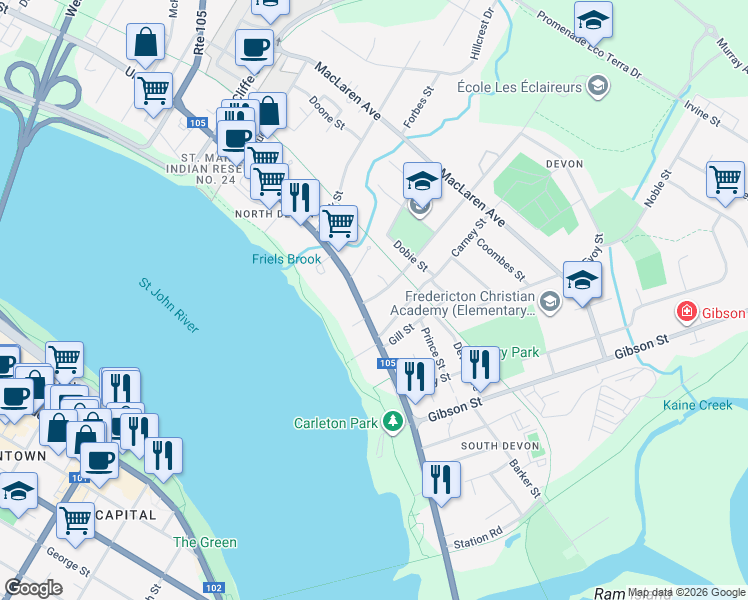 map of restaurants, bars, coffee shops, grocery stores, and more near 133 Neill Street in Fredericton