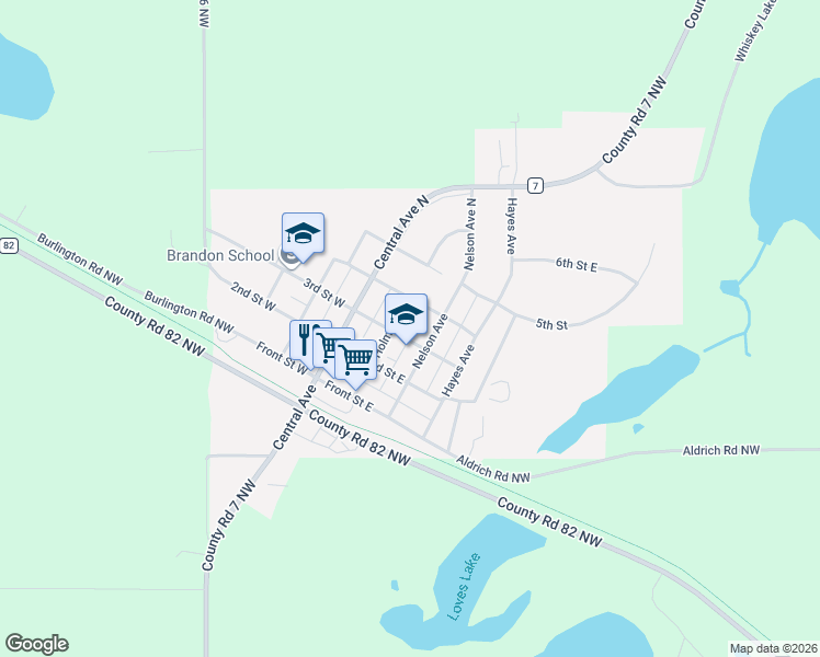 map of restaurants, bars, coffee shops, grocery stores, and more near 206 4th Street East in Brandon