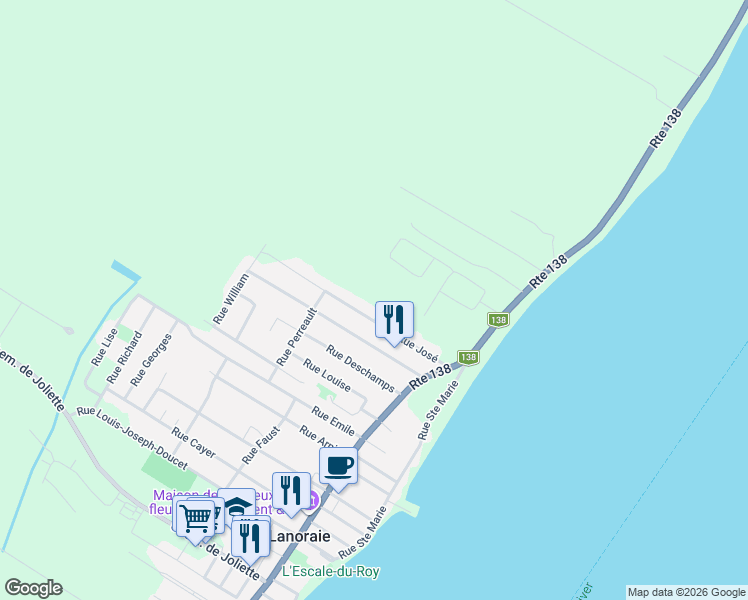 map of restaurants, bars, coffee shops, grocery stores, and more near in Lanoraie
