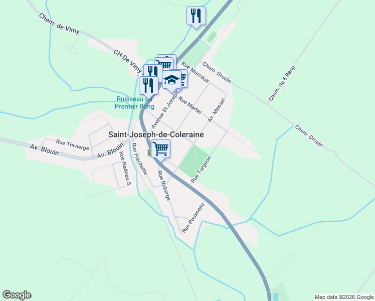 map of restaurants, bars, coffee shops, grocery stores, and more near Avenue Messel in Saint-Joseph-de-Coleraine
