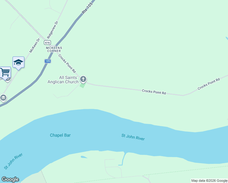 map of restaurants, bars, coffee shops, grocery stores, and more near 204 Crocks Point Road in Keswick Ridge