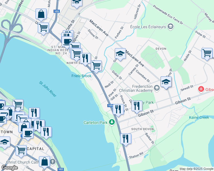 map of restaurants, bars, coffee shops, grocery stores, and more near 133 Neill Street in Fredericton
