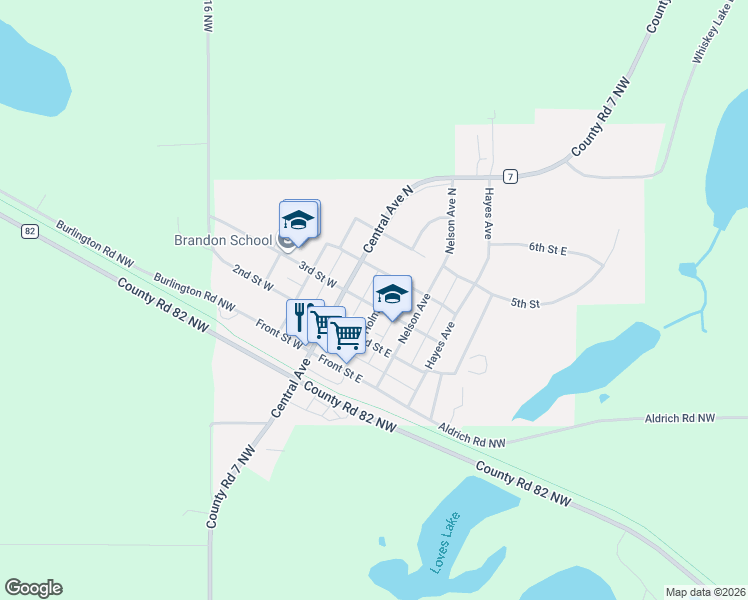 map of restaurants, bars, coffee shops, grocery stores, and more near 109 3rd Street East in Brandon