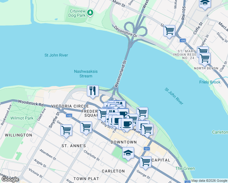 map of restaurants, bars, coffee shops, grocery stores, and more near Westmorland Street in Fredericton