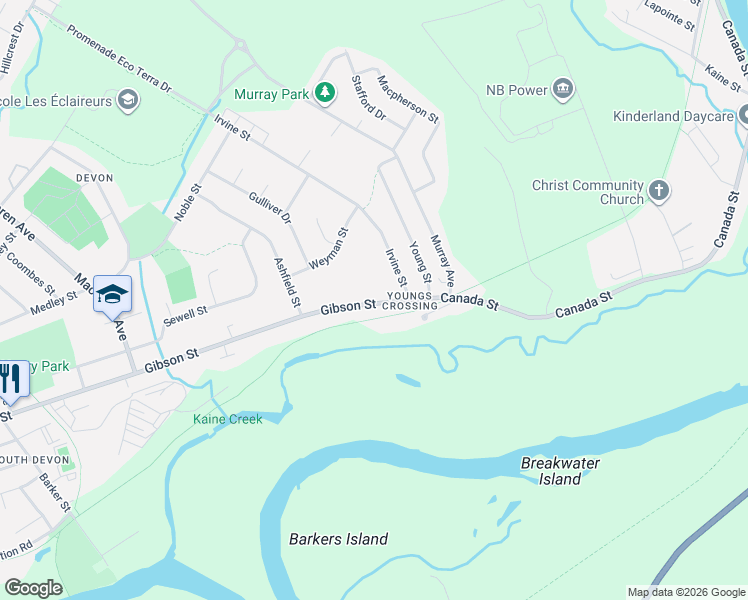 map of restaurants, bars, coffee shops, grocery stores, and more near 517 Gibson Street in Fredericton