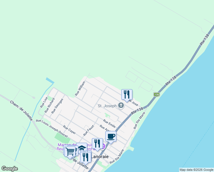 map of restaurants, bars, coffee shops, grocery stores, and more near 83 Rue José in Lanoraie