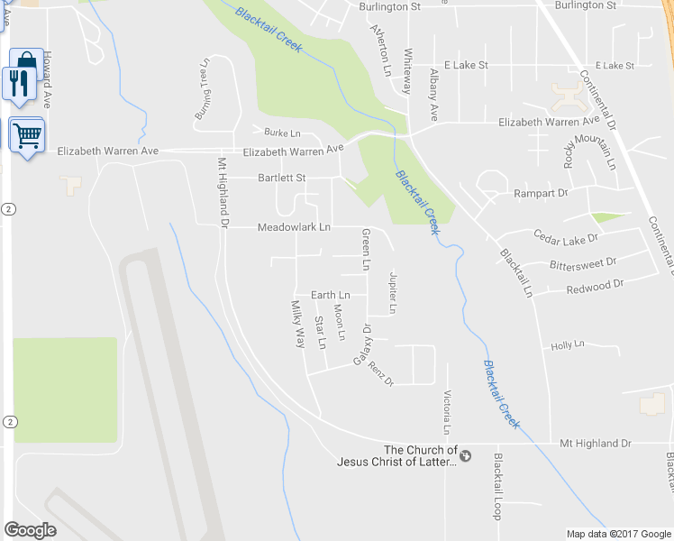 map of restaurants, bars, coffee shops, grocery stores, and more near 35 Penny Lane in Butte