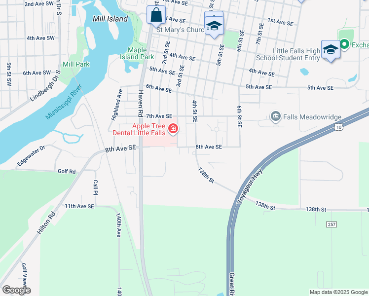 map of restaurants, bars, coffee shops, grocery stores, and more near 300 8th Avenue Southeast in Little Falls