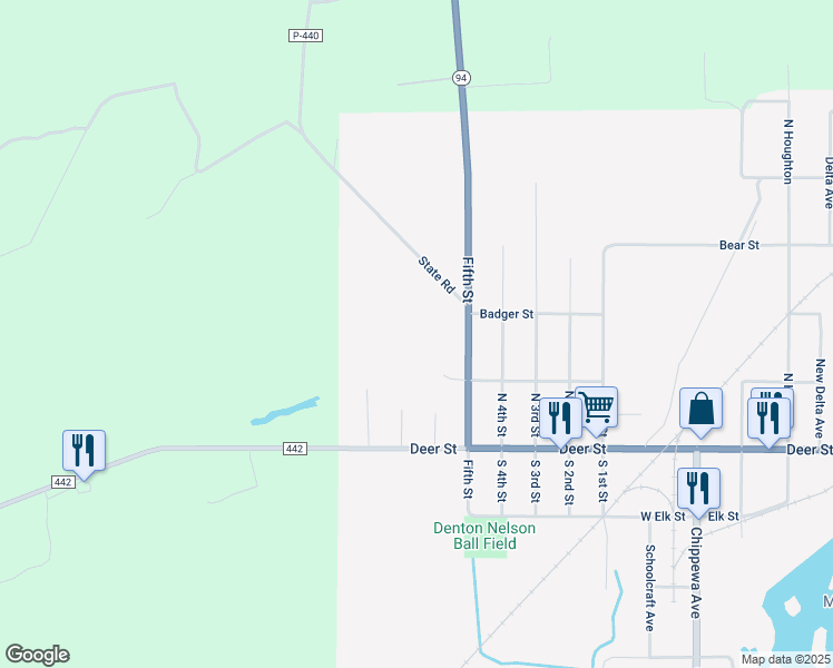 map of restaurants, bars, coffee shops, grocery stores, and more near 233 Fifth Street in Manistique