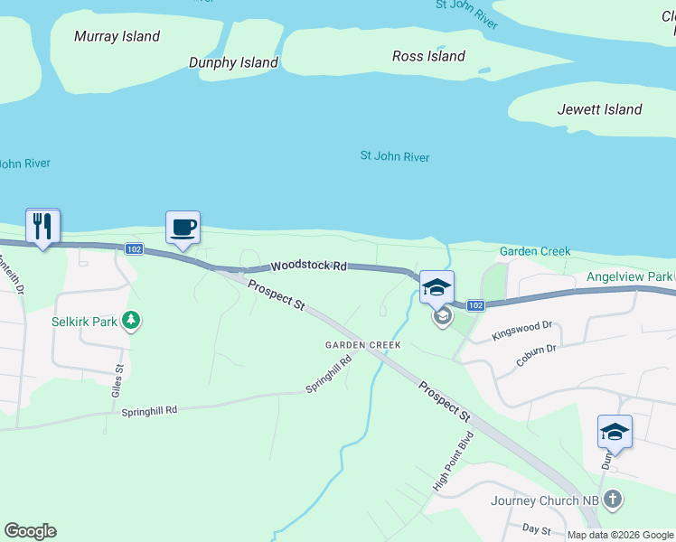 map of restaurants, bars, coffee shops, grocery stores, and more near 1520 Woodstock Road in Fredericton