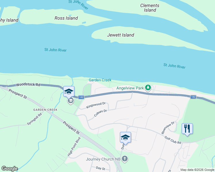 map of restaurants, bars, coffee shops, grocery stores, and more near in Fredericton
