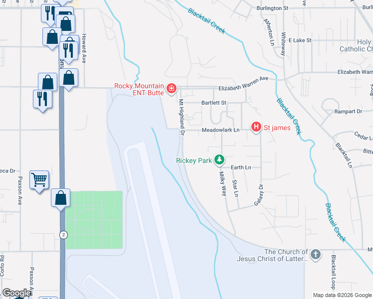 map of restaurants, bars, coffee shops, grocery stores, and more near 604 Mount Highland Drive in Butte