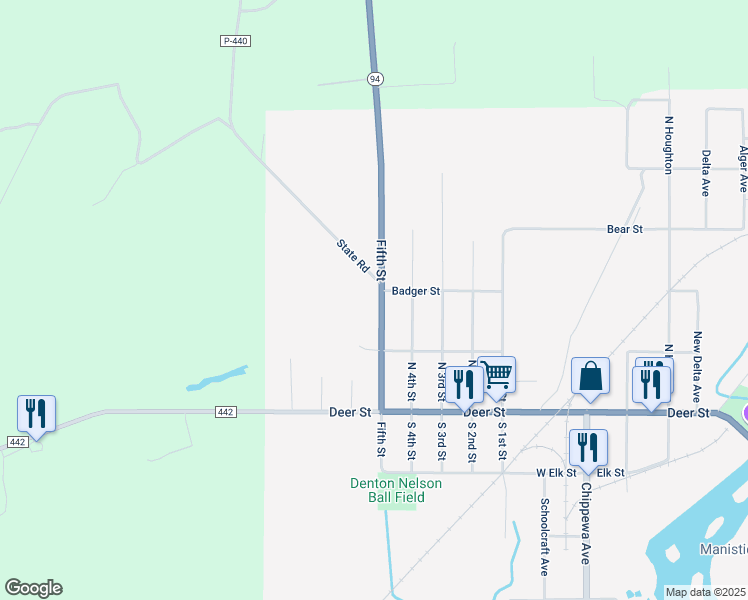map of restaurants, bars, coffee shops, grocery stores, and more near 233 Fifth Street in Manistique