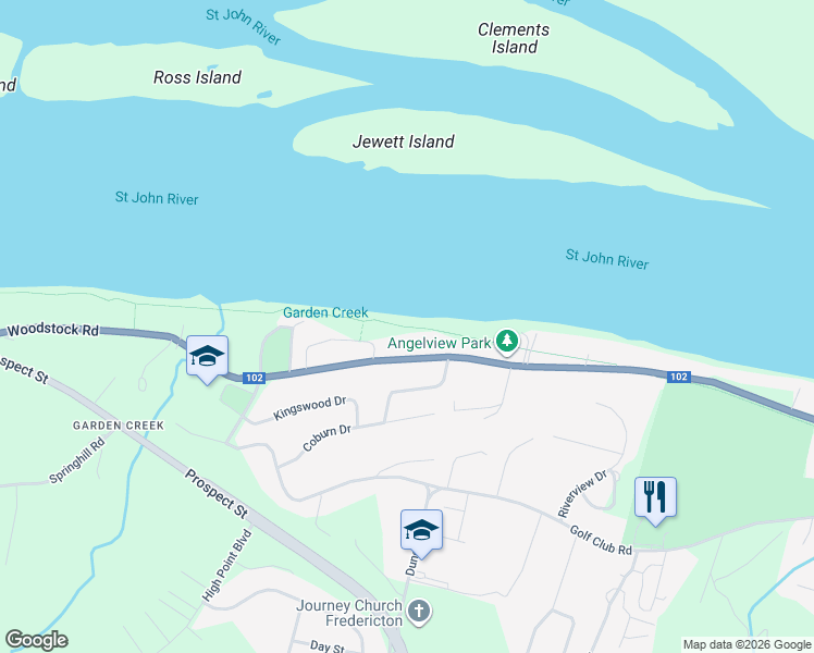 map of restaurants, bars, coffee shops, grocery stores, and more near Valley Trail in Fredericton